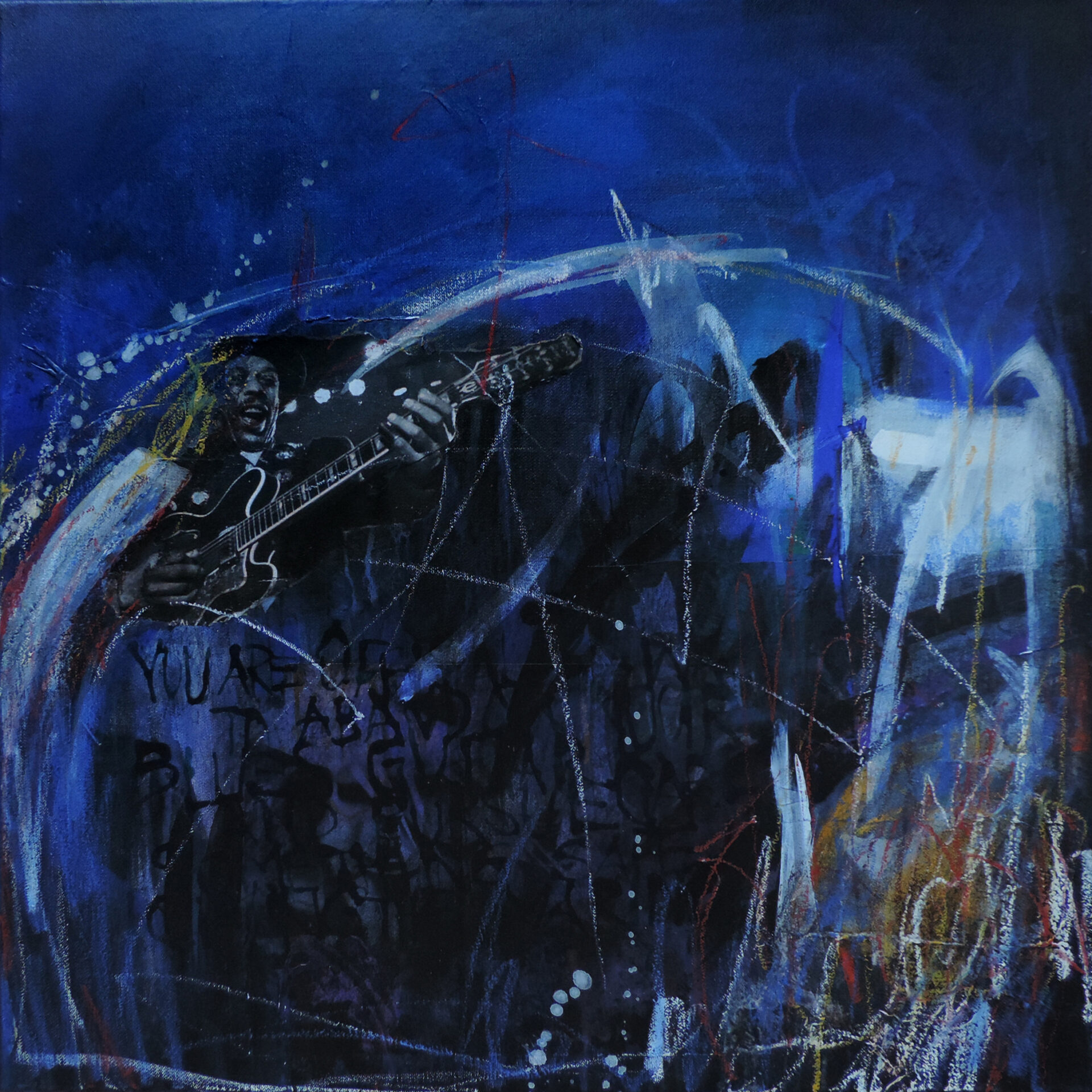 2019 Blues, Mixed Media, 60 x 60 cm, CHF 1000.--
