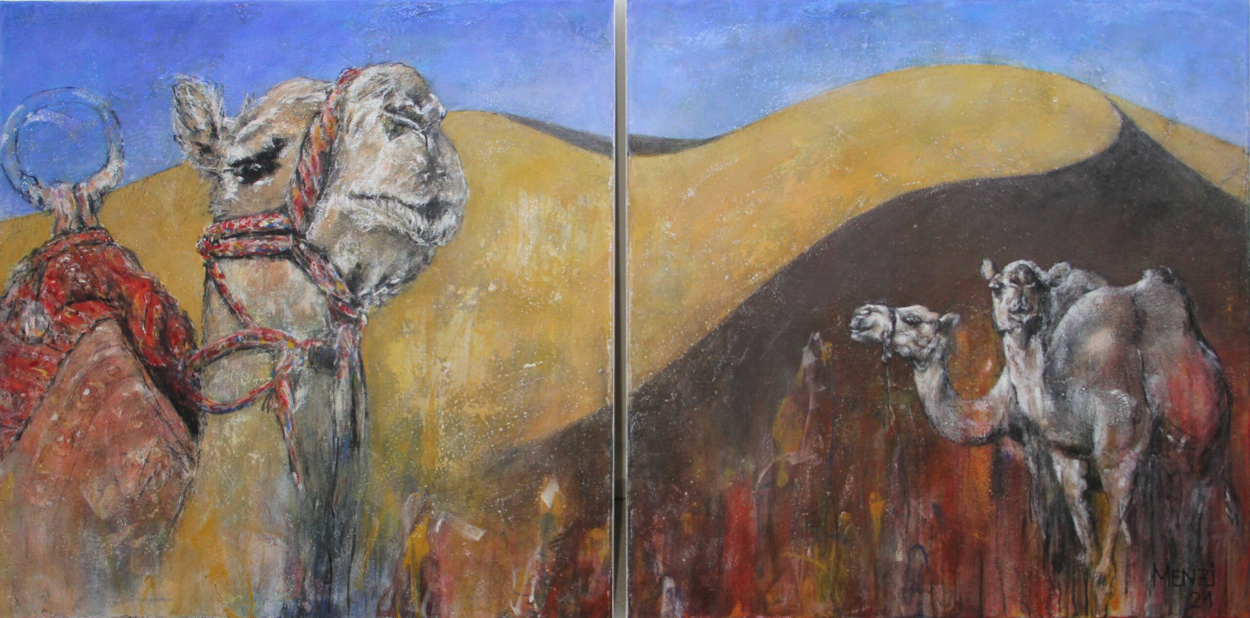 2021 Kamele, Acryl, Dyptichon je 100 x 100 cm
