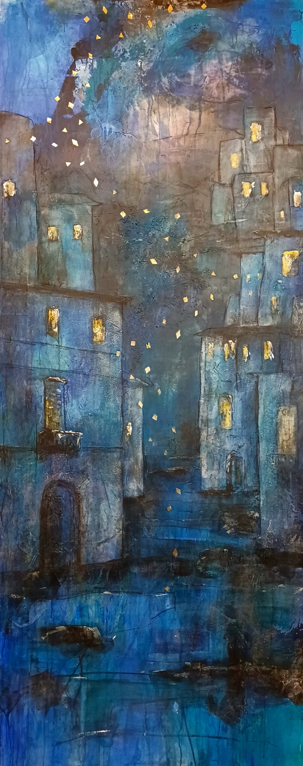 2023 Mondlicht über schlafender Stadt, Mixed Media auf MDF, 80 x 200 cm