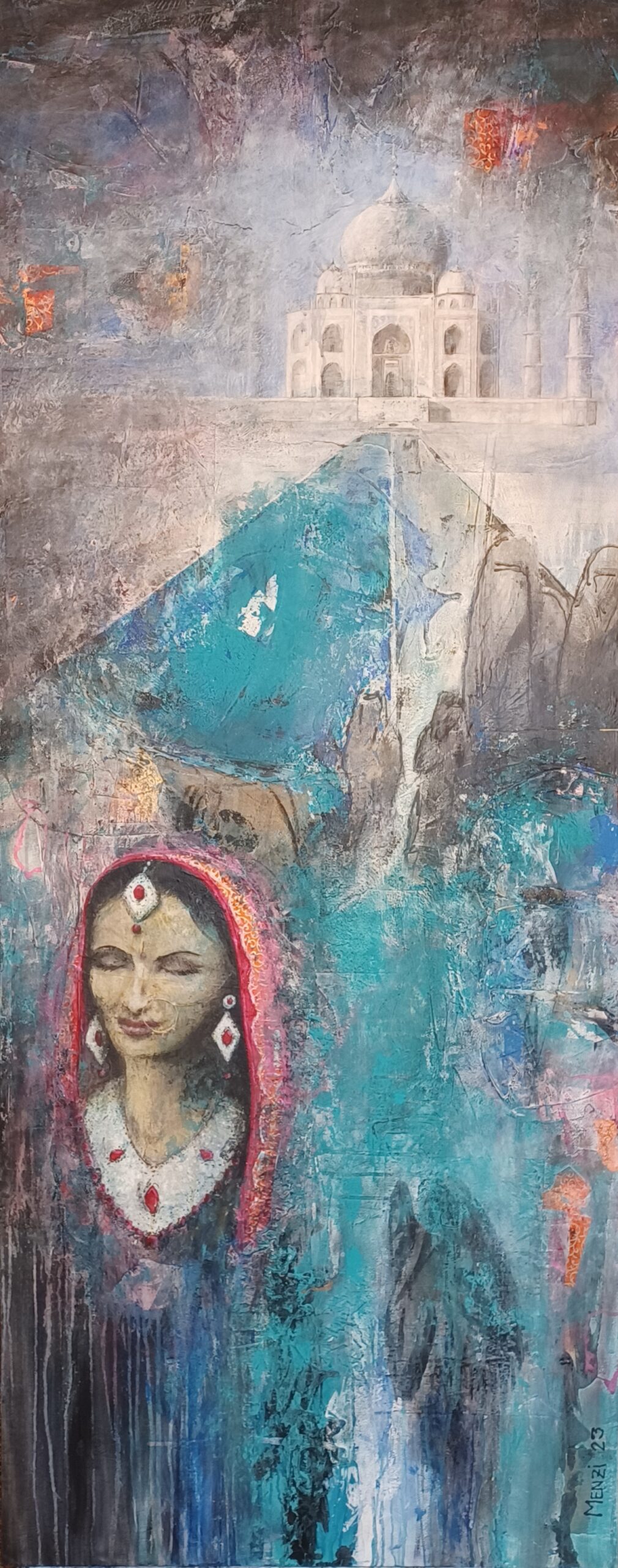 2023 Nur ein Mädchen - Taj Mahal, Mixed Media auf MDF, 80 x 200 cm